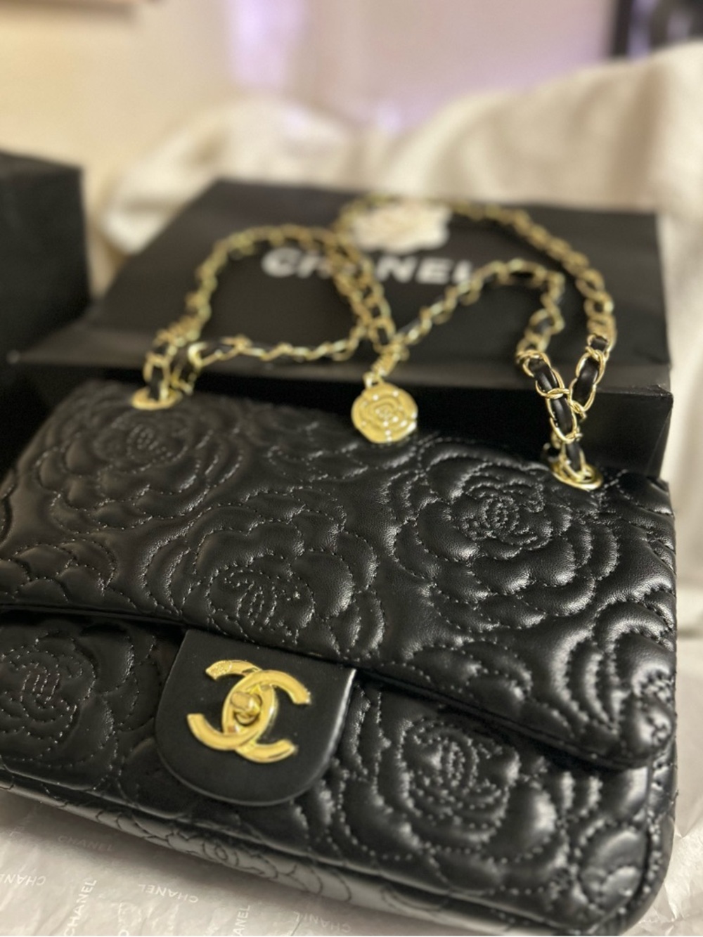 Black Embroidered Leather Flap  Bag